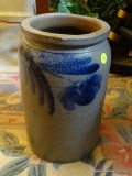 (LRM) 1.5 GAL. DECORATED COBALT BLUE/GRAY CROCK WITH FLOWER AND FEATHER-MINOR CHIP ON RIM-OVERALL