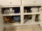 (KIT) CONTENTS OF CABINET- MISC. SERVING BOWLS, ELECTRIC FRYER, 2 COBALT BLUE VASES AND OTHER VASES,