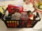 (KIT) BASKET LOT- TO INCLUDE- 4- CERAMIC CHRISTMAS BELLS, CARDINAL SALT AND PEPPER SHAKERS, NEW IN