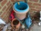 (OUT) ASSORTED LOT: 2 GALLON GAS CAN, VINYL PLANTERS, WATERING CAN, 2 EXPANDABLE HOSES (1 IS BRAND