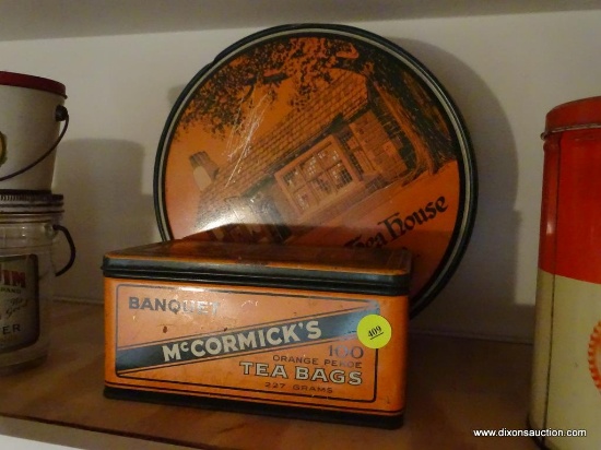 (KIT) 2 ANTIQUE ADVERTISING McCORMICK TEA TINS- 10" DIA. AND RECTANGULAR- 7"W X 4"L X 4"H