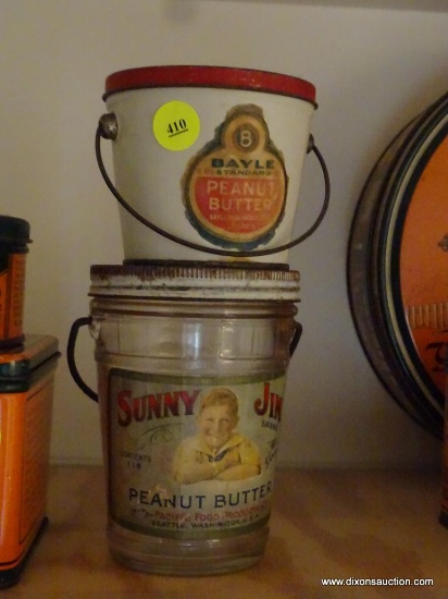 (KIT) 2 ANTIQUE ADVERTISING PEANUT ITEMS- SUNNY JIM GLASS PAIL- 5.5"H AND BAYLE- 4"H
