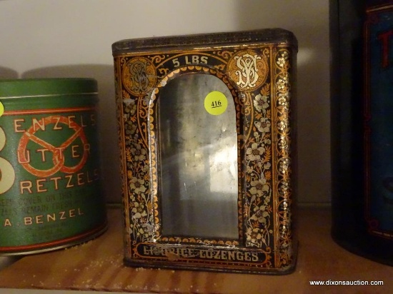 (KIT) ANTIQUE LICORICE TIN, NATIONAL LICORICE CO.- WITH GLASS FRONT- 8"H