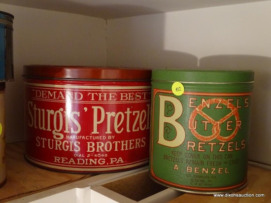 (KIT) 2 ANTIQUE PRETZEL TINS- BENZAL'S - 7"H AND STURGIS- 10" DIA. X 7"H