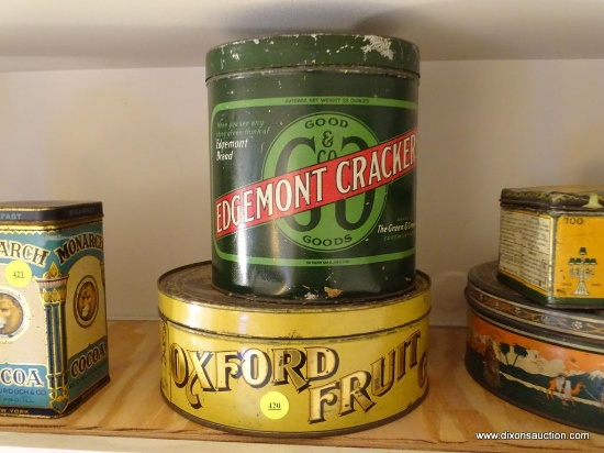 (KIT) 2 ANTIQUE ADVERTISING TINS- EDGEMONT CRACKER- 8"H AND OXFORD FRUIT CAKE- 8"DIA.