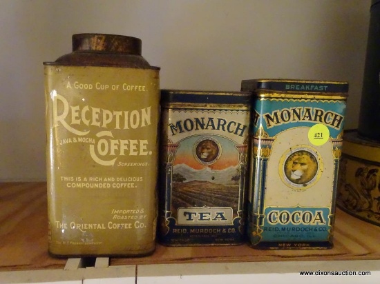 (KIT) 3 ANTIQUE ADVERTISING TINS- MONARCH COCOA AND TEA TINS- 6"H AND RECEPTION COFFEE-8"H