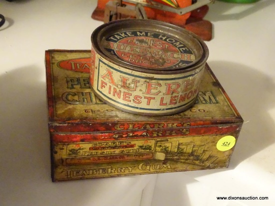 (KIT) 2 ANTIQUE ADVERTISING TINS- AUERBACH LEMON DROP- 4.5"H AND TEABERRY PEPSIN CHEWING GUM- 7"W X