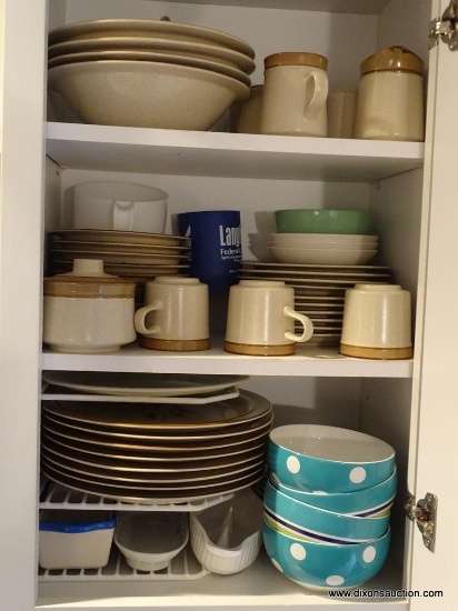 (KIT) CABINET LOT TO INCLUDE- PLACE SETTING FOR 8- S & R STONEWARE CHINA- DINNER PLATES, SALAD