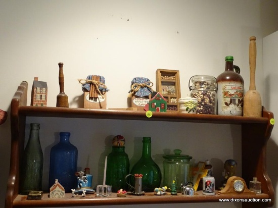 (KIT) CONTENTS OF 2 SHELVES- VINTAGE BOTTLES, CANNING JAR WITH DRIED BEANS, ALL THE VARIOUS