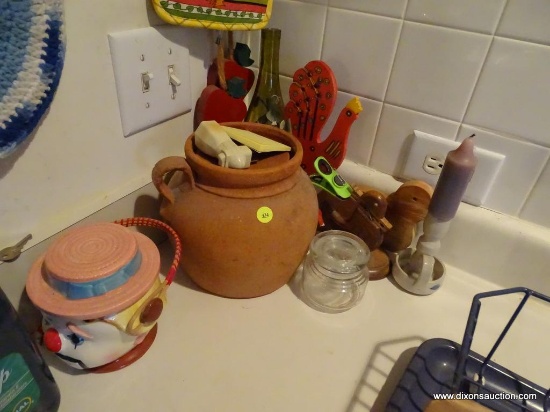 (KIT) CONTENTS ON TOP OF SINK COUNTER- TERRACOTTA 8"H COOKIE JAR, CLOWN BISCUIT JAR, PAINT WINE