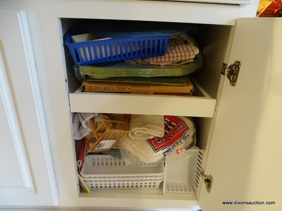 (KIT) CABINET LOT- TO INCLUDE, DISH CLOTHS, PLATE HOLDERS, 2 SERVING TRAYS, BASKETS AND DRAWER