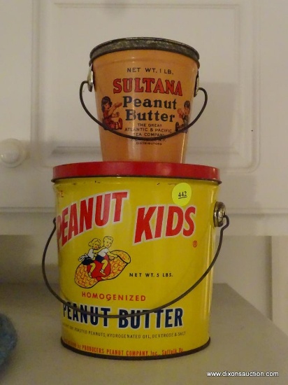 (KIT) 2 ANTIQUE PEANUT BUTTER ADVERTISING TINS- SULTANA- 4"H AND PEANUT KIDS- 6.5"H