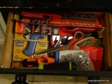 (KIT) CONTENTS OF DRAWERS- SCISSORS, BOX CUTTERS, NEW UTILITY LIGHTERS, NEW IN BOX MINI GLUE GUN AND