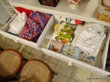 (KIT) CONTENTS OF 2 DRAWERS KITCHEN TOWELS, HOT MITTS, TABLE CLOTHS, COASTERS, ETC.