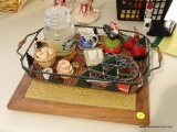 (KIT) MISC.. LOT- WALNUT AND TILE TRIVET, WIRE AND WICKER CHRISTMAS TRAY, STAINED GLASS SUN