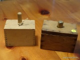 (KIT) 2 SQUARE WOODEN BUTTER MOLDS- 1 HAS DOVETAIL CASE AND OTHER IS HOMEMADE