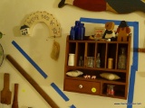 (KIT) MAHOGANY HANGING SHELF WITH MINIATURE BOTTLES, ETC.- 12