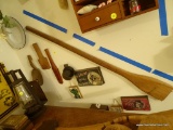 (KIT) WALL LOT TO INCLUDE WOODEN PADDLES, ENAMEL PLATE, TIN CUP, REPLICA ADVERTISING PLAQUES, ETC.