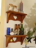 (KIT) 2 SMALL PINE HANGING SHELVES WITH CONTENTS-MINIATURE BOTTLES, PR. OWL SALT AND PEPPER AND
