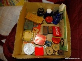 (DEN) BOX LOT OF MISC.. VINTAGE ITEMS- INK BOTTLES, TYPEWRITER RIBBON ADVERTISING TINS, SMALL