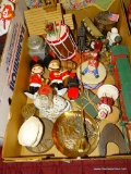 (DEN) TRAY LOT OF MISC.. ITEMS- WOODEN CHURCH MUSIC BOX BRASS CRICKET BOX, BRASS CANDLE SNUFFER, 4