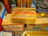 (DEN) 5 VINTAGE SALT COD ADVERTISING WOODEN BOXES- DOVETAILED- 3 BOB WHITES- PUBNICO TRAWLERS AND