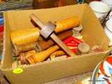 (DEN) BOX LOT OF WOODEN TEXTILE SPINDLES, SCRIBE, 2 NEEDLE BOXES, ETC..