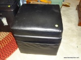 (DEN) LEATHER OTTOMAN; 1 OF 2 BLACK LEATHER OTTOMANS WITH LIFT TOP AND STORAGE. INCLUDES ASSORTED