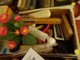 (DEN) ASSORTED BOX LOT: HALLMARK WOODEN PENS, BOOK BUNGEE, ANTIQUE GLASSES (POSSIBLY GOLD RIMMED),