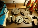 (DEN) ANTIQUE COUNTRY STORE COUNTERWEIGHTS WITH 2 HOOKS, FOUR 1/2LB WEIGHTS, ONE 1LB WEIGHT, AND ONE