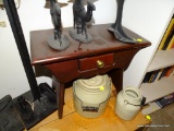 (DEN) VINTAGE PINE SHOE SHINING STAND WITH 1 DRAWER, BRUSH, AND POLISHER: 18 IN X 11 IN X 14 IN