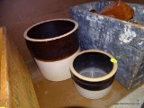 (DEN) 2 VINTAGE BROWN AND SALT GLAZED CROCKS. BOTH ARE IN EXCELLENT CONDITION. 1 IS: 8 IN X 8 IN AND