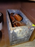 (DEN) VINTAGE CRATE WITH CONTENTS OF WOODEN SHOE FORMS OF VARIOUS SIZES