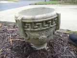 (OUT) 1 OF A PAIR OF CONCRETE GARDEN PLANTERS WITH GREEK KEY AND GRAPE MOTIF: 13 IN X 12 IN