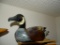 (DUCK) HAND CARVED DUCK DECOY IN BROWN AND GRAY WITH A HOOKED BILL: 12 IN LONG
