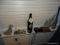 (DUCK) CONTENTS OF WINDOW: HAND PAINTED DUCK THEMED WINE BOTTLE, COPPER CANDLESTICK HOLDER WITH
