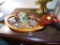 (DUCK) CARVED WOODEN DUCK TRINKET/COIN TRAY/DISH: 20 IN LONG WITH ASSORTED DUCK FIGURINES, CINNAMON