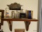 (BED1) WOODEN SHELF: 18 IN X 8 IN X 8 IN WITH VINTAGE SHAVING ITEMS: VINTAGE NITRIC ACID CONTAINER,