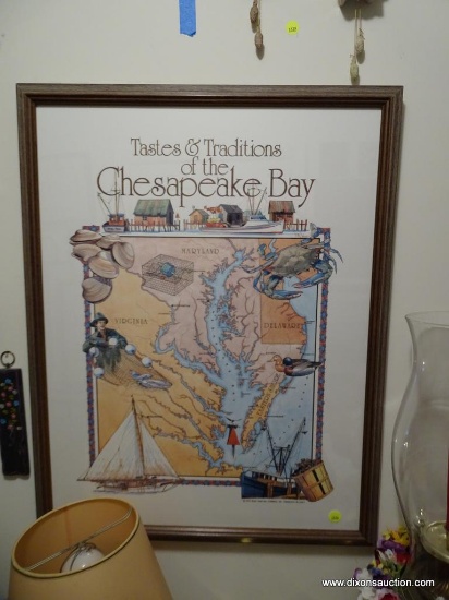 (UHAL) TASTES & TRADITIONS OF THE CHESAPEAKE BAY MAP PRINT IN MAHOGANY FRAME: 22 IN X 28 IN