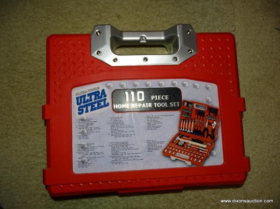 (UHAL) 110 PIECE HOME REPAIR TOOL SET. IS COMPLETE AND IN HARD VINYL CARRYING CASE WITH ORIGINAL