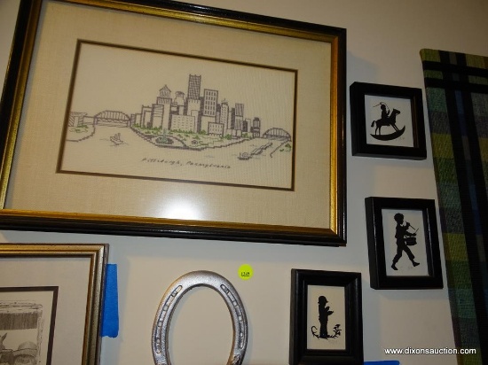 (UHAL) LOT OF 4 FRAMED ITEMS: 1 FRAMED AND DOUBLE MATTED CROSS-STITCHING OF PITTSBURGH: 17 IN X 12.5