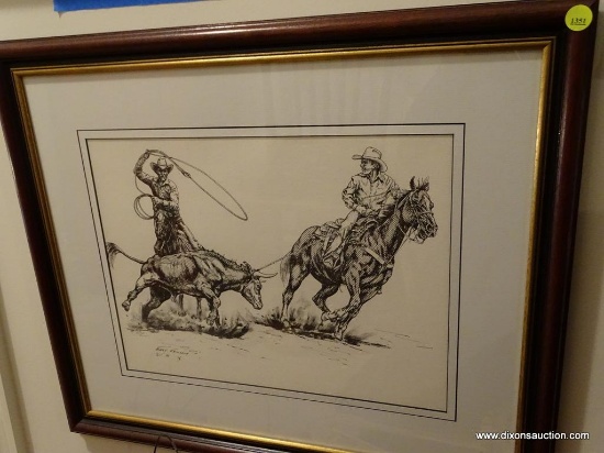 (UHAL) FRAMED AND MATTED GARY ERICSSON WESTERN THEMED PRINT OF 2 COWBOYS LASSOING A BULL: 24 IN X 20
