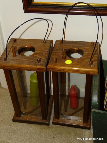 PAIR OF WOOD AND GLASS LANTERNS: 6 IN X 6 IN X 12 IN