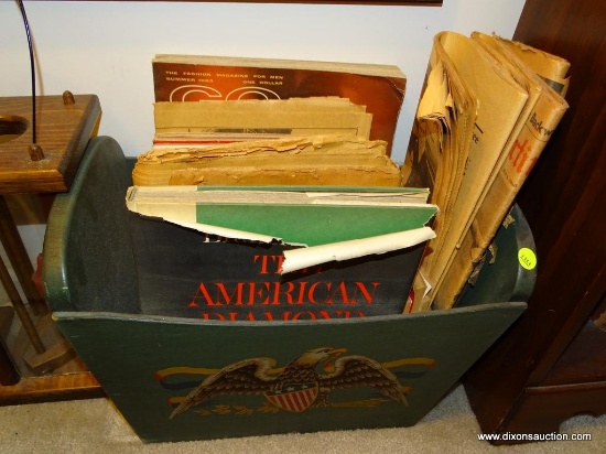 VINTAGE MAGAZINE STAND WITH EAGLE AND AMERICAN SHIELD THEME. INCLUDES CONTENTS OF VINTAGE MAGAZINES,