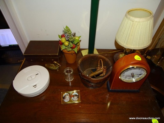 (UHAL) ASSORTED LOT: PLAYING CARDS IN CASE, BOX CUTTER, BRASS DUCK, SETH THOMAS CATHEDRAL STYLE