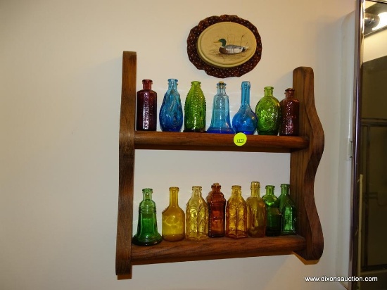 (UBTH) PINE WALL SHELF WITH ASSORTED BOTTLE CONTENTS (SOME ARE BLUE, SOME ARE GREEN, SOME ARE CLEAR,