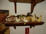 (UHAL) MAHOGANY WALL SHELF: 18 IN X 8 IN X 7 IN WITH DUCK FIGURINE CONTENTS (FIGURINES DEPICT