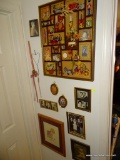 (UHAL) CONTENTS ON WALL: ASSORTED PICTURE FRAMES, FRAMED AND MATTED PRECIOUS MOMENTS PRINT, WIRE