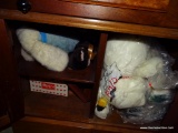 (UHAL) CONTENTS OF WASHSTAND: STUFFED ANIMALS, VINTAGE METAL STRAWBERRY PATTERN BOWLS WITH LIDS IN