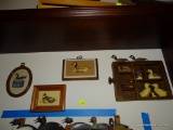 (DUCK) ASSORTED LOT OF DUCK DECOR: 3 WALL PLAQUES/PICTURES, WALL HANGING SHELF, AND MINIATURE DUCK